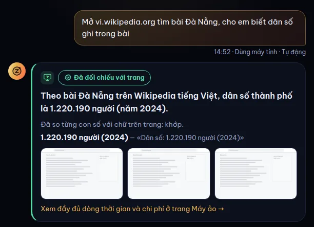 Câu trả lời của thư ký có nhãn Đã đối chiếu với trang, trích nguyên văn con số từ trang gốc và ba ảnh chụp màn hình